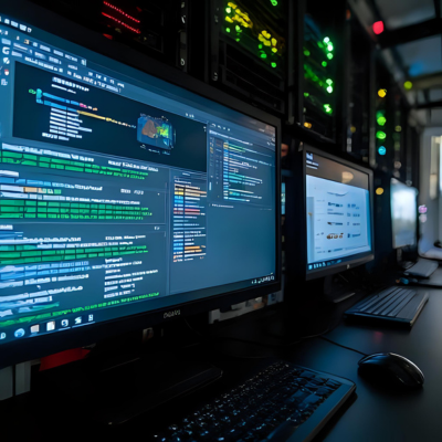Lineup of computers with data on screen and servers behind them.