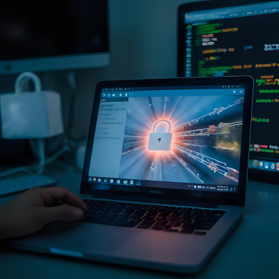 Laptop with email on screen with a big glowing lock icon